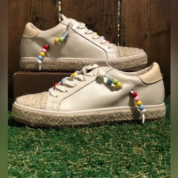 DOLCE VITA X TREVOR PROJECT Zoe Pride Ivory Beaded Raffia Leather Sneakers - Picture 2 of 13